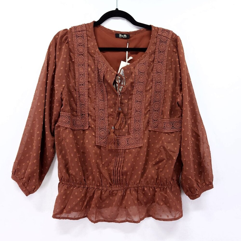 Miss Me Swiss Dot Embroidered Boho Peasant Blouse Size Medium Brown Chiffon